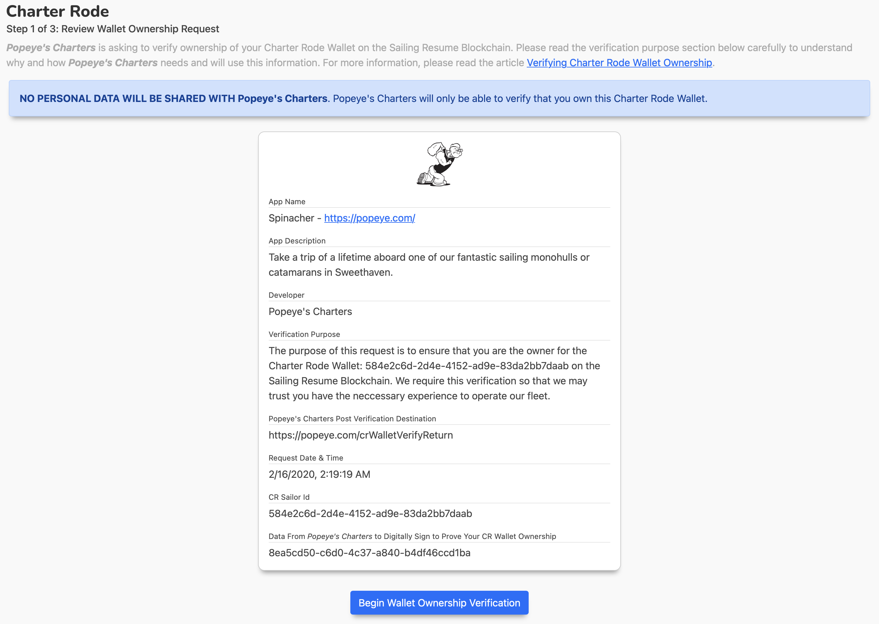Charter Rode Wallet Verification - step 1