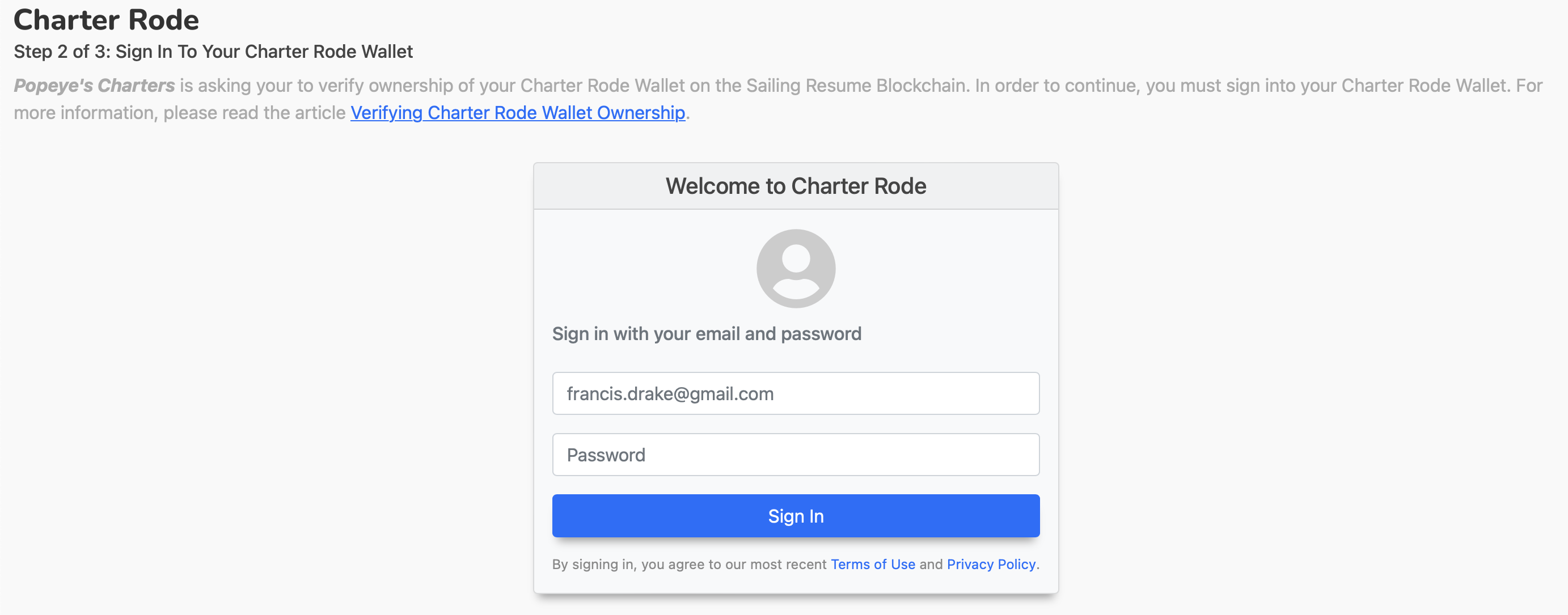 Verifying Charter Rode Wallet Ownership